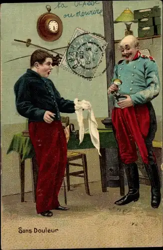 Ak Sans Douleur, Junger Mann mit Zahnschmerzen, Soldat in Uniform, Zahnentfernung, Uhr