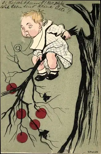 Künstler Ak Sancha, Junge auf einem Apfelbaum, Ast bricht ab