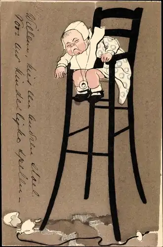 Ak Baby im Hochstuhl hat die Milchflasche fallengelassen