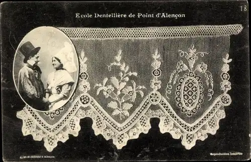 Ak Ecole Dentelliere de Point d'Alencon, Tracht, Liebespaar, Klöppelwerk