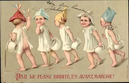 Präge Litho Kleinkinder mit Nachttöpfen, Par le flanc droite, en avant, marche