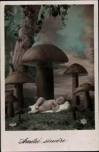 Ak Geburt, Amitie sincere, Baby umgeben von Pilzen