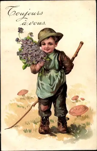 Präge Litho Junge mit Veilchenstrauß, Pilze