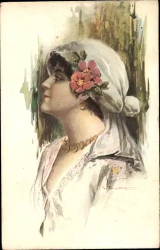 K+nstler Ak Portrait einer Frau mit Kopftuch