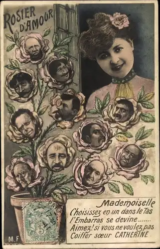Ak Rosier d'Amour, Frau, Blumentopf, Männerportraits in Rosenblüten