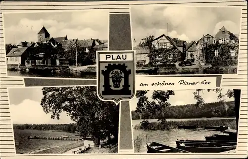 Wappen Ak Luftkurort Plau am See, Seepartie, Blick auf den Ort, Kirche, Ruderboot