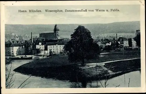 Ak Hann Münden in Niedersachsen, Weserspitze, Zusammenfluss von Werra und Fulda