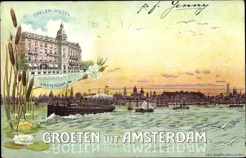 Litho Amsterdam Nordholland Niederlande, Doelen Hotel, Dampfer, Segelboot