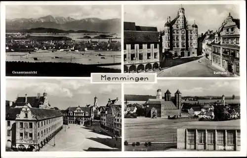 Ak Memmingen in Schwaben, Gesamtansicht, Rathaus, Stadion, Marktplatz