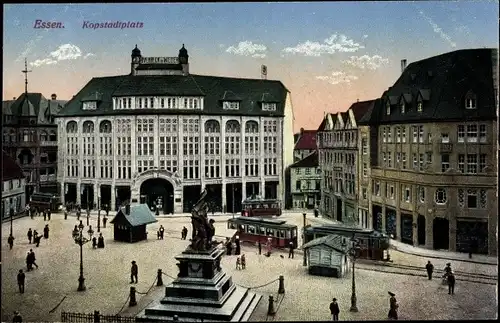 Ak Essen im Ruhrgebiet, Kopstadtplatz, Denkmal, Straßenbahnen