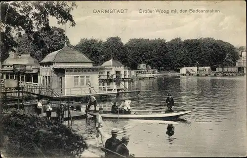 Ak Darmstadt in Hessen, Naturfreibad Großer Woog mit den Badeanstalten