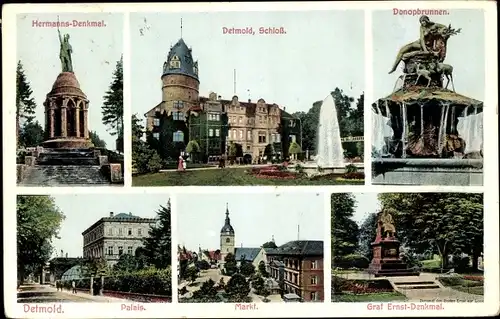 Ak Detmold in Nordrhein Westfalen, Graf Ernst und Hermannsdenkmal, Schloss, Donopbrunnen, Palais