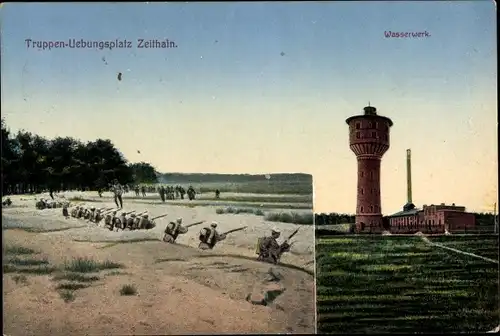 Ak Zeithain in Sachsen, Truppenübungsplatz, Wasserturm vom Wasserwerk, Schützengraben, Soldaten