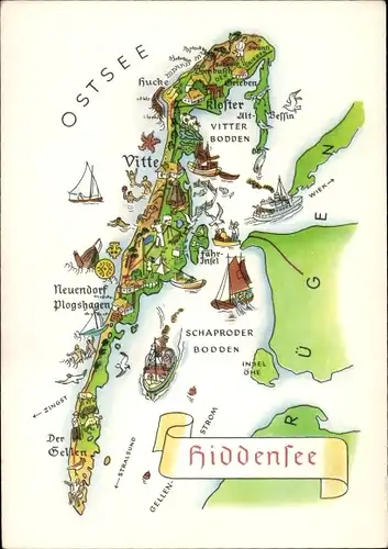 Landkarten Ak Insel Hiddensee Ostsee, Vitte, Neuendorf, Plogshagen, Neuendorf, Bodden, Kloster