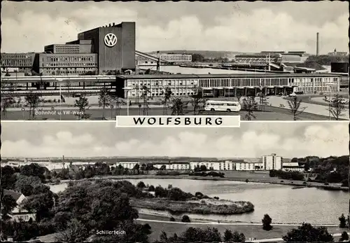 Ak Wolfsburg in Niedersachsen, Blick auf das VW Werk, Schillerteich, Bahnhof