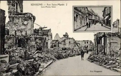 Ak Soissons Aisne, Rue Saint Martin, ruines, Kriegszerstörung I. WK