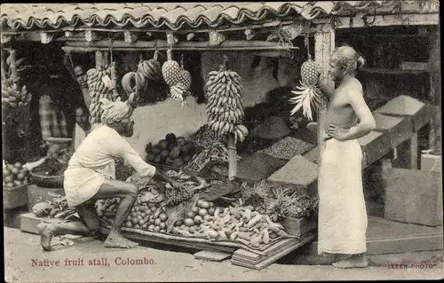 Ak Colombo Ceylon Sri Lanka, Native fruit stall, Früchte, Markt