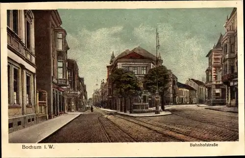 Ak Bochum im Ruhrgebiet, Blick in die Bahnhofstraße, Straßenbahngleise