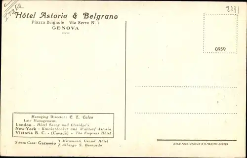 Ak Genova Liguria, Hotel Astoria e Belgrano, Piazza Brignole, Via Serra 1