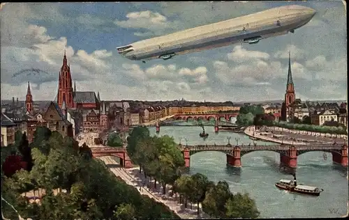 Künstler Ak Frankfurt am Main, Internationale Luftfahrtausstellung, Zeppelin über der Stadt