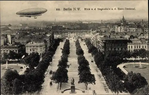 Ak Berlin Tiergarten, Blick von der Siegessäule nach dem Roon Denkmal, Zeppelin