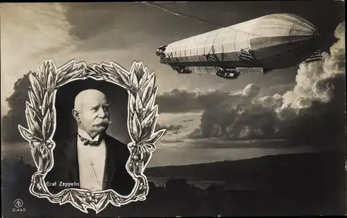 Ak Luftschiff im Flug, Portrait Graf Zeppelin, Lorbeerkranz