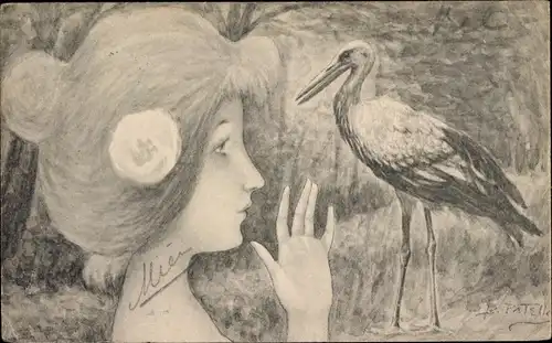 Künstler Ak Patella, B., Profilansicht einer Frau, Storch, Wald