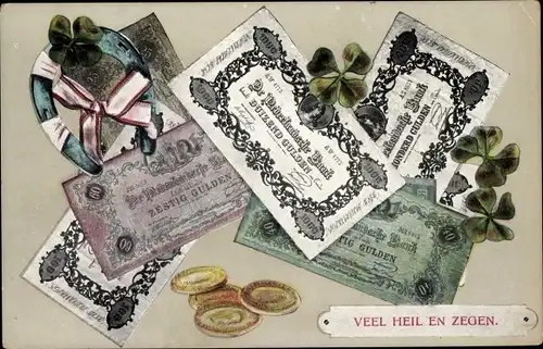 Ak Veel Heil en Zegen, Kleeblätter, Münzen, Geldscheine, Hufeisen