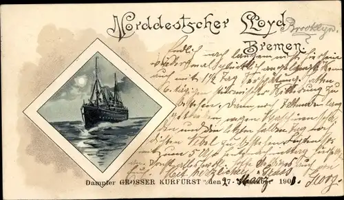 Mondschein Litho Dampfer Großer Kurfürst, Norddeutscher Lloyd Bremen