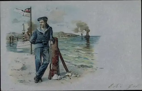 Präge Litho Deutscher Seemann mit Gewehr, Kriegsschiffe