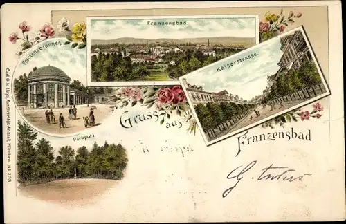 Litho Františkovy Lázně Franzensbad Reg. Karlsbad, Kaiserstraße, Franzensbrunnen, Parkplatz