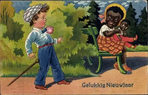 Ak Glückwunsch Neujahr, Junge erschrickt vor farbiger Mutter mit Kind