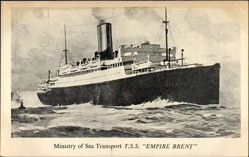 Künstler Ak Dampfer TSS Empire Brent, Ministry of Sea Transport, Truppen und Emmigrantentransport