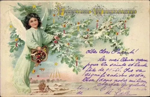 Litho Glückwunsch Weihnachten, Engel mit Korb, Tannenbaum, Häuser