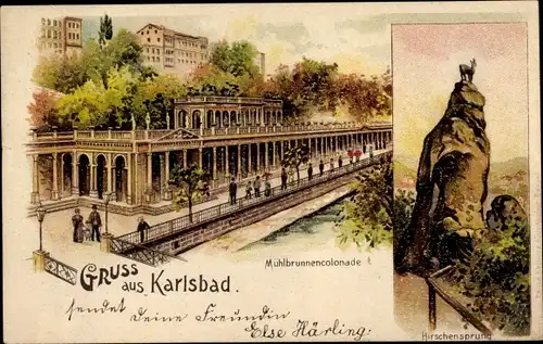 Litho Karlovy Vary Karlsbad Stadt, Mühlbrunnkolonnade, Hirschensprung
