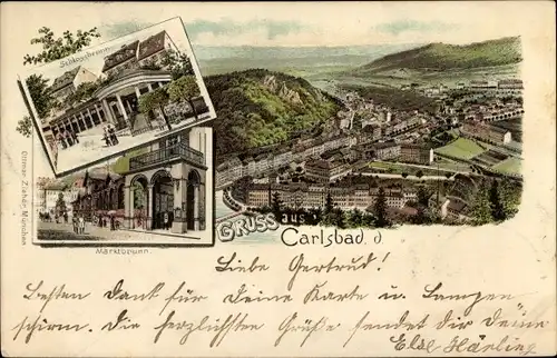 Litho Karlovy Vary Karlsbad Stadt, Marktbrunn, Schlossbrunn, Totalansicht der Ortschaft