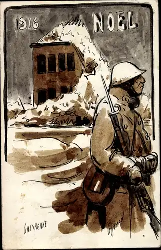 Künstler Ak Glückwunsch Weihnachten, Gaes Kerke, Noel 1916, belgischer Soldat, I WK