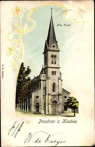 Litho Kladno Kladen Region Mittelböhmen, Novy Kostel, Kirche