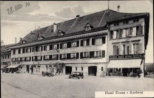 Ak Aarberg Kanton Bern, Hotel Krone, Hotel de la Couronne, Geschäft Hans Jenni