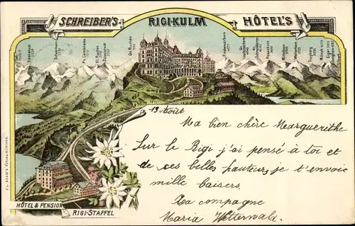 Litho Rigi Kulm Kanton Schwyz. Schreiber's Hotels, Rigi Staffel, Alpenpanorama