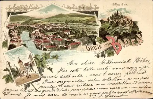 Litho Baden Kanton Aargau Schweiz, Panorama, Schloss Stein, Bruggerturm