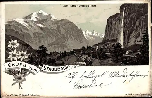 Litho Lauterbrunnen Kt. Bern, Lauterbrunnenthal, Staubbach, Wasserfall, Gesamtansicht