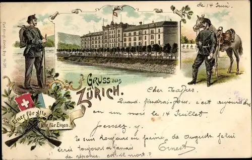 Litho Zürich Stadt Schweiz, Soldaten, Amtsgebäude, Einer für Alle, Alle für Einen