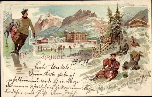 Litho Grindelwald Kanton Bern, Bear Hotel, Eisläufer, Rodelbahn