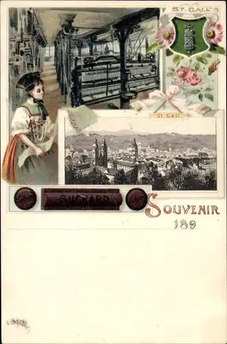 Litho St. Gallen Stadt, Frau in Tracht, Fabrik, Maschinen, Suchard Schokolade