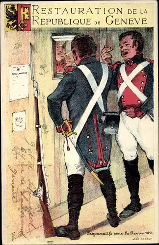 Künstler Ak Restauration de la République de Geneve, Préparatifs pour la Revue 1814