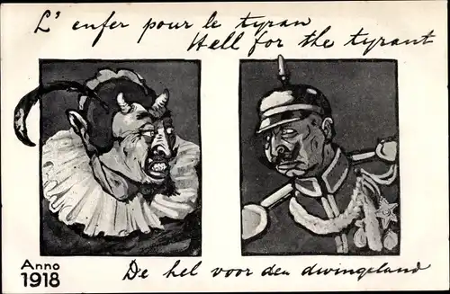 Ak L'Enfer pour le tyran, Teufel, Kaiser Wilhelm II., Anno 1918, Karikatur I. WK