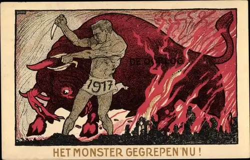 Künstler Ak Het Monster gegrepen nu, Vredesweek, Nederlandsche Anti Oorlog Raad 1917, I. WK