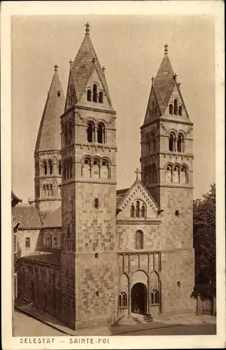 Ak Sélestat Schlettstadt Elsass Bas Rhin, Eglise Sainte Foi, Türme, Eingangsportal