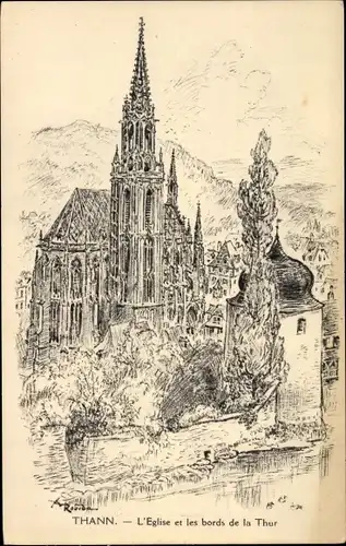 Künstler Ak Albert Robida, Thann Elsass Haut Rhin, L'Eglise et les bords de la Thur